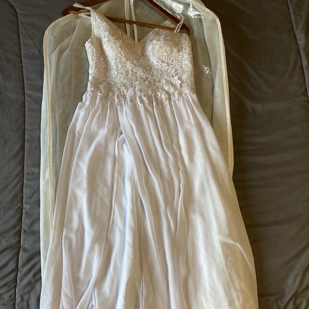 White A-Line V-Neck Floor Length Wedding Dress with Beading Split Front.